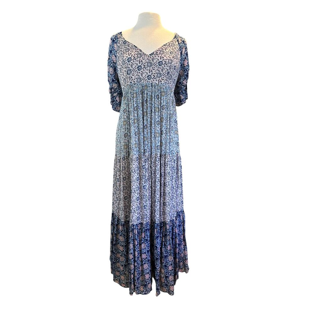 NEW Anthropologie Yumi Kim Floral Short Sleeve Tiered V Neck Maxi Boho Dress Med